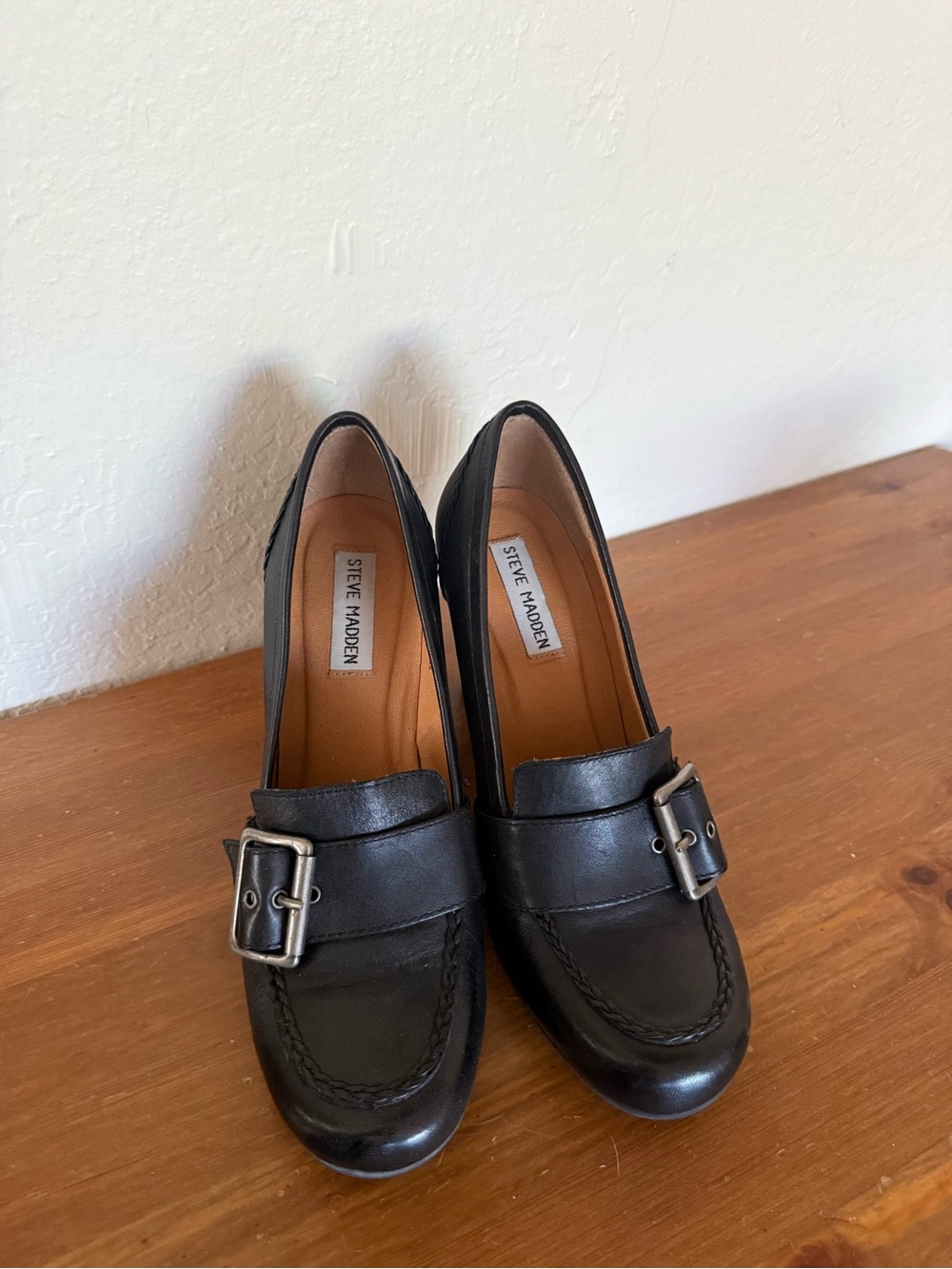 Steve Madden Black Leather Loafers with Silver Buckles